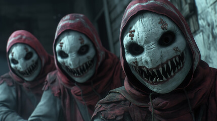 Three figures in creepy, grinning masks and red hoods stand together in a dark alley, creating an atmosphere of fear and horror with their sinister presence.