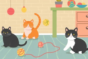 Poster - Three cats are joyfully interacting with colorful yarn and balls, creating a lively atmosphere in the warm room. Generative AI