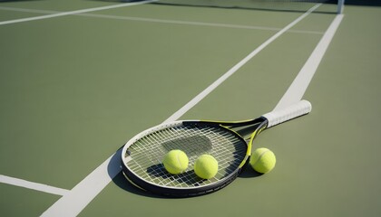 tennis racket and several balls on an empty tennis court, capturing the essence of sport