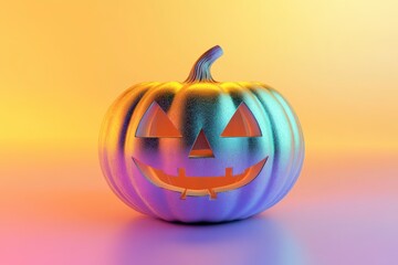 Halloween pumpkin on neon gradient background. 3D Rendering illustration with generative ai