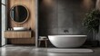 © Johannes - Interior of modern bathroom with wooden and concrete walls, tiled floor, comfortable white bathtub and double sink with round mirror.