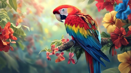 Vivid Scarlet Macaw Perched Among Lush Tropical Blooms in Vibrant Jungle