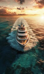 Wall Mural - Luxury yacht sails on turquoise water at sunset.