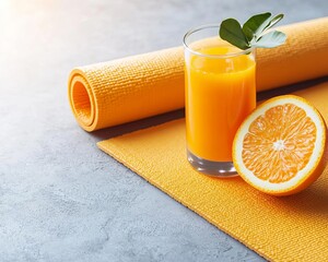 Fresh orange juice in a glass with orange slice and green leaf, vibrant setting.