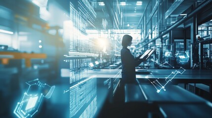 Silhouette of a person using a digital tablet in a modern warehouse with futuristic technology and illuminated shelves.