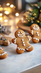 Festive gingerbread men decorated with icing, on a kitchen counter with Christmas lights in the background, copy space, Merry Christmas background, holiday baking, seasonal treats promotion.