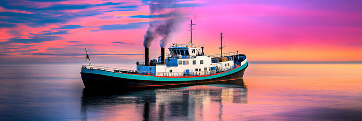 Shipping vessel navigating calm ocean waves at sunset, with smoke rising into the colorful skyline, blending industrial elements with serene seascape with copy space