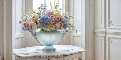 Wall Mural - Colorful pastel delicate flowers in the vase over white window sill