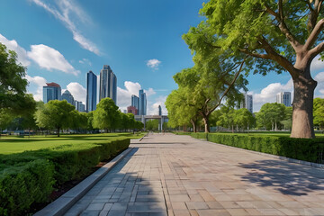 Urban city public garden central park with beautiful lush green tree with skyscrapers modern architecture and sustainable city and clouds blue sky bckground landscape