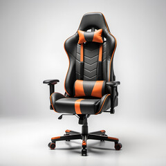 A high-back gaming chair with adjustable armrests, lumbar support, and racing-style design, isolated on a white background.