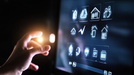 A person interacts with a digital screen displaying smart home icons, highlighting modern technology and innovation in home automation.