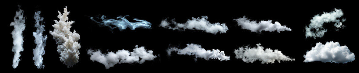 Poster - A collection of various smoke and cloud formations, each with unique textures and shapes, set against a black background. These dynamic smoke and cloud elements are ideal for use in visual effects.