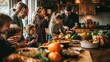 © kimly - Children and adults laughing while preparing food in a cozy kitchen for Thanksgiving.