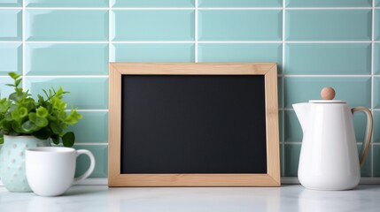 Cafe notice board mockup with coffee. Kitchen interior with framed blackboard template advertising image. Decorative chalkboard mock up near tiled wall product photorealistic