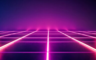 A vibrant, neon-lit grid with a purple gradient background, evoking a futuristic atmosphere.