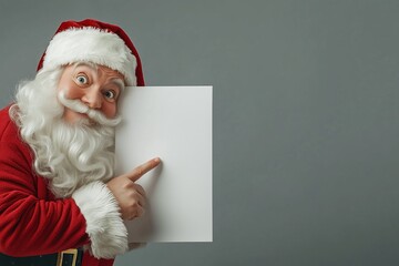 Funny Santa Claus standing against gray background, holding blank white paper sheet and pointing into the center. Banner, wallpaper, poster, greeting card, announcement, statement template