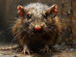 Close-up Portrait of a Wet Rat in the Rain