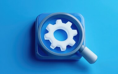 A sleek vector icon representing business analysis, prominently featuring a magnifying glass examining a gear symbol, designed to convey themes of SEO 