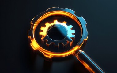 A sleek vector icon representing business analysis, prominently featuring a magnifying glass examining a gear symbol, designed to convey themes of SEO 