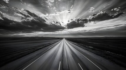 24. A deserted highway stretching into the horizon, flanked by empty fields