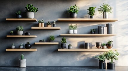 Wall Mural - A wall of shelves decorated with potted plants and books