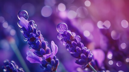 Wall Mural - Aromatic fresh lavender buds and essential oil drops