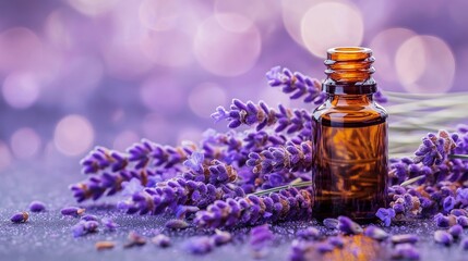 Wall Mural - Aromatic fresh lavender buds and essential oil drops