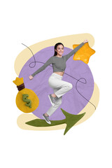 Poster - Vertical artwork sketch image collage of happy smiling girl run achieve success dream more money isolated on drawing beige background