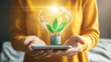 A person holding a smartphone with a glowing light bulb and leaves, symbolizing innovation and sustainability in technology.