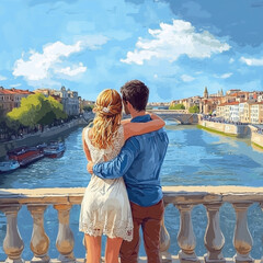 young couple, hugging, watching the river from the bridge, beautiful sunny day, cheerful picture, concept celebrates love