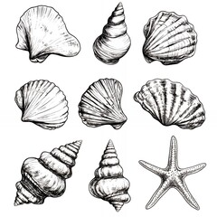 Poster - A collection of hand-drawn seashells and a starfish.