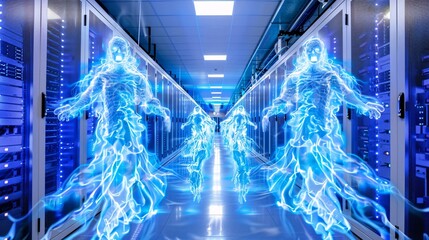 Hologram cyber blue ghosts in computer server room, Halloween theme