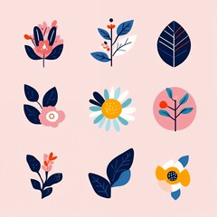 Wall Mural - Colorful floral illustrations on a pink background.