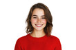 © boxstock production - Portrait of a young woman in a red sweater smiling warmly on a transparent background