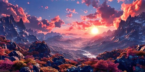 Poster - A beautiful mountain landscape with a bright orange sun in the sky