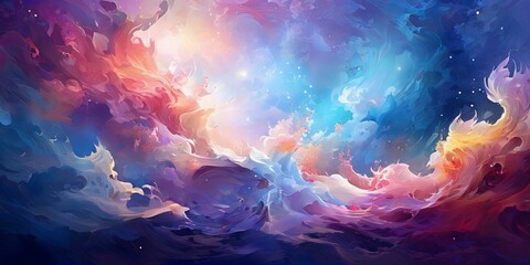 Poster - A colorful space scene with a bright blue sky and a purple and red cloud