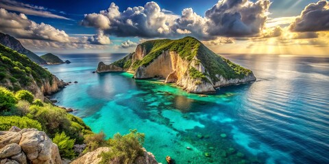 Wall Mural - Breathtaking Zakynthos island offers a tranquil seascape with shimmering crystal-clear waters, creating a perfect paradise for relaxation and exploration amidst natural beauty.