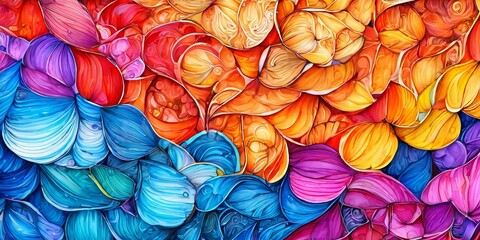 Poster - A colorful painting of flowers and leaves with a blue background