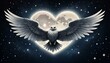 © Nata - Majestic owl with outstretched wings flying through a heart-shaped moonlit sky, mystical scene