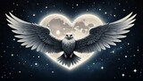 Majestic owl with outstretched wings flying through a heart-shaped moonlit sky, mystical scene