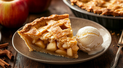 Poster - Warm apple pie with a flaky crust served with a scoop