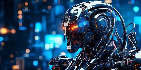 Poster - A robot with a blue helmet and orange eyes stands in front of a cityscape