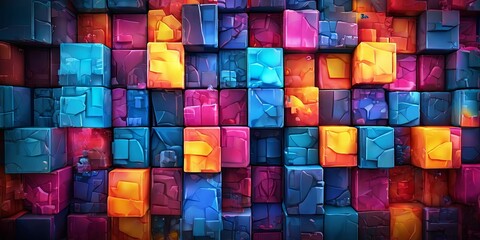 Aufkleber - A colorful wall made of blocks with a blue and yellow square in the middle