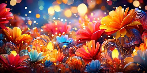 Poster - A colorful field of flowers with a bright blue