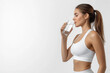 © JuliaArnhem - realistic photo of a sporty women in white, drink glass water, side view, white background
