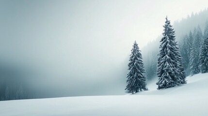 Poster - Heavy snowfall blanketing a mountain landscape, winter weather, cold and serene