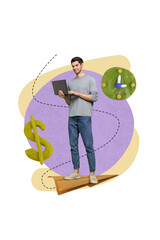 Poster - Artwork collage poster of happy handsome successful man worker use modern netbook analyzing bitcoin isolated on drawing beige background