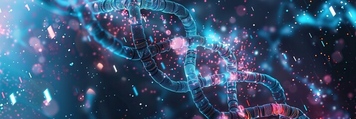 Aufkleber - A vibrant 3D DNA strand is intricately displayed, enhanced by overlaid digital data, binary code, and colorful data streams. Generative AI