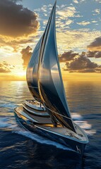 Wall Mural - A sleek yacht sails at sunset.