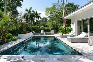 Stylish modern outdoor area featuring a pool and patio in Miami, adorned with white wicker furniture, stone pavers, lush landscaping, tropical plants, and tall palm trees in the background.